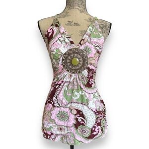 Y2K Pink & Green Paisley Print Tank Top With Embellishment Size M